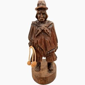 Vintage Hand Carved Wood Man with Whip Dark Wood Gaucho Figure Old Man Statuette